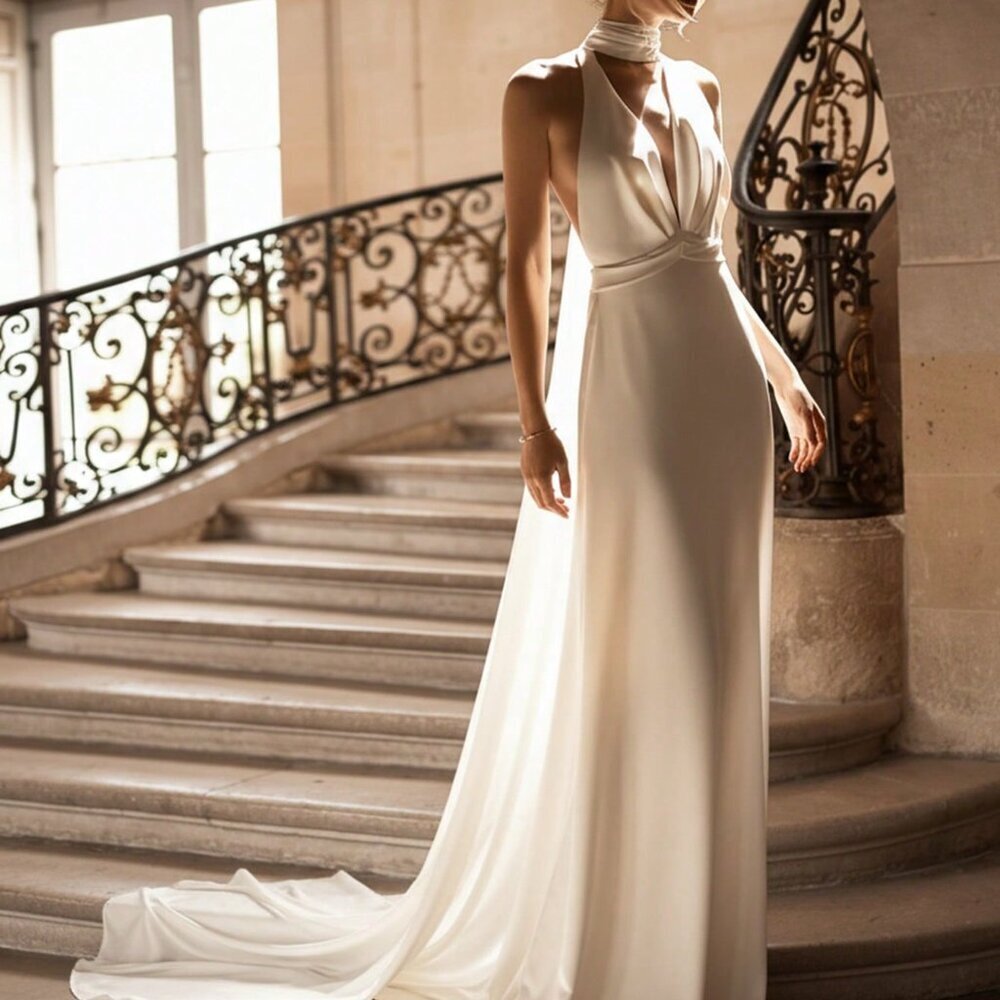White Elegant Women's Spaghetti Strap Deep V-Neck Mermaid Maxi Dress